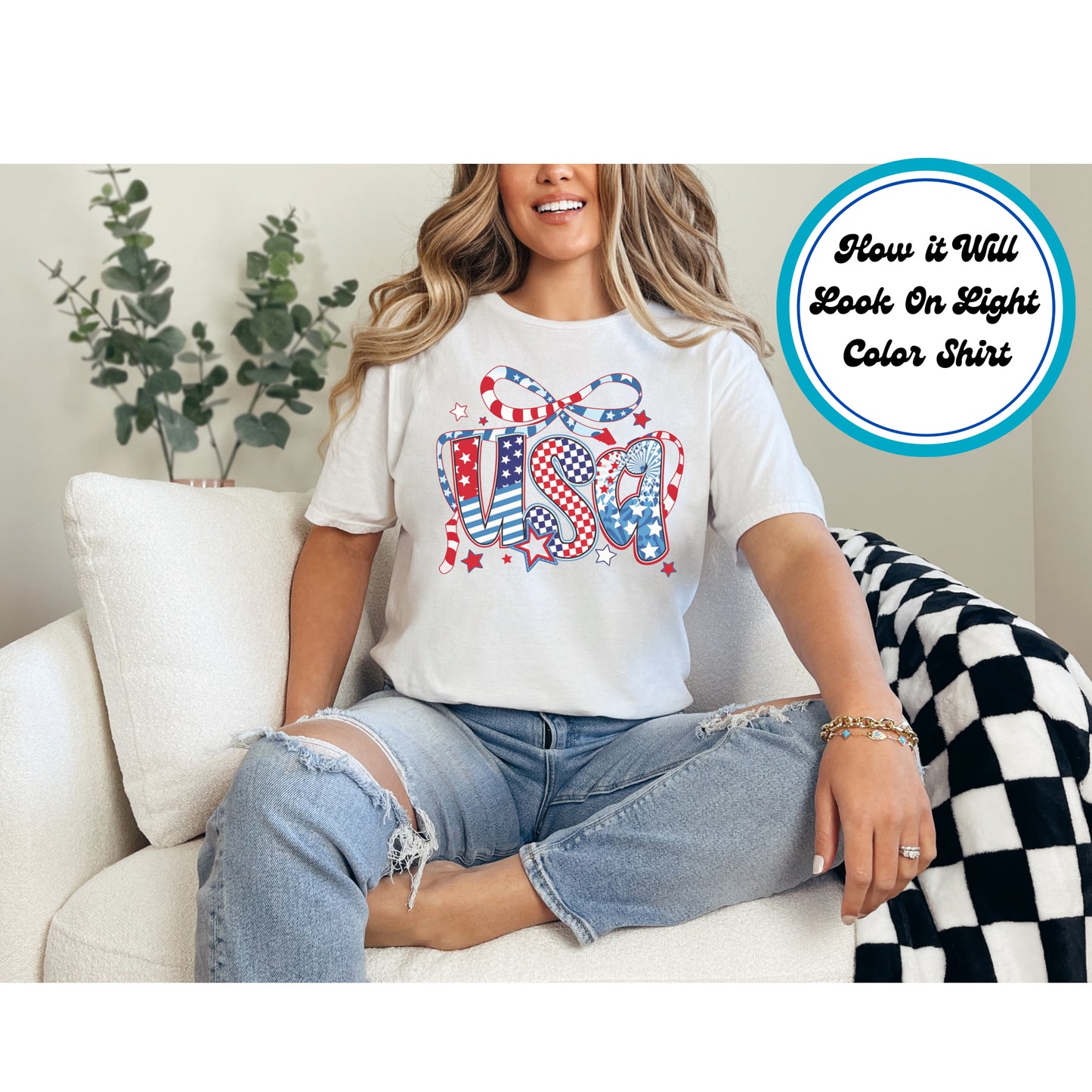 4th Of July DTF Transfer Iron On Heat Transfer - Ready to Press, USA Patchwork Bow DTF Transfer 7771
