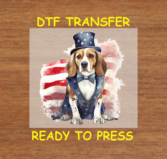 DTF transfer of a Beagle in patriotic suit and top hat with USA flag.