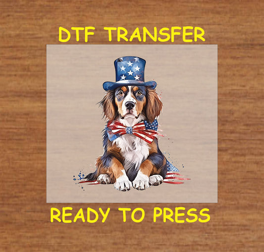 DTF transfer of a fluffy dog in USA bow tie and top hat for Independence Day.