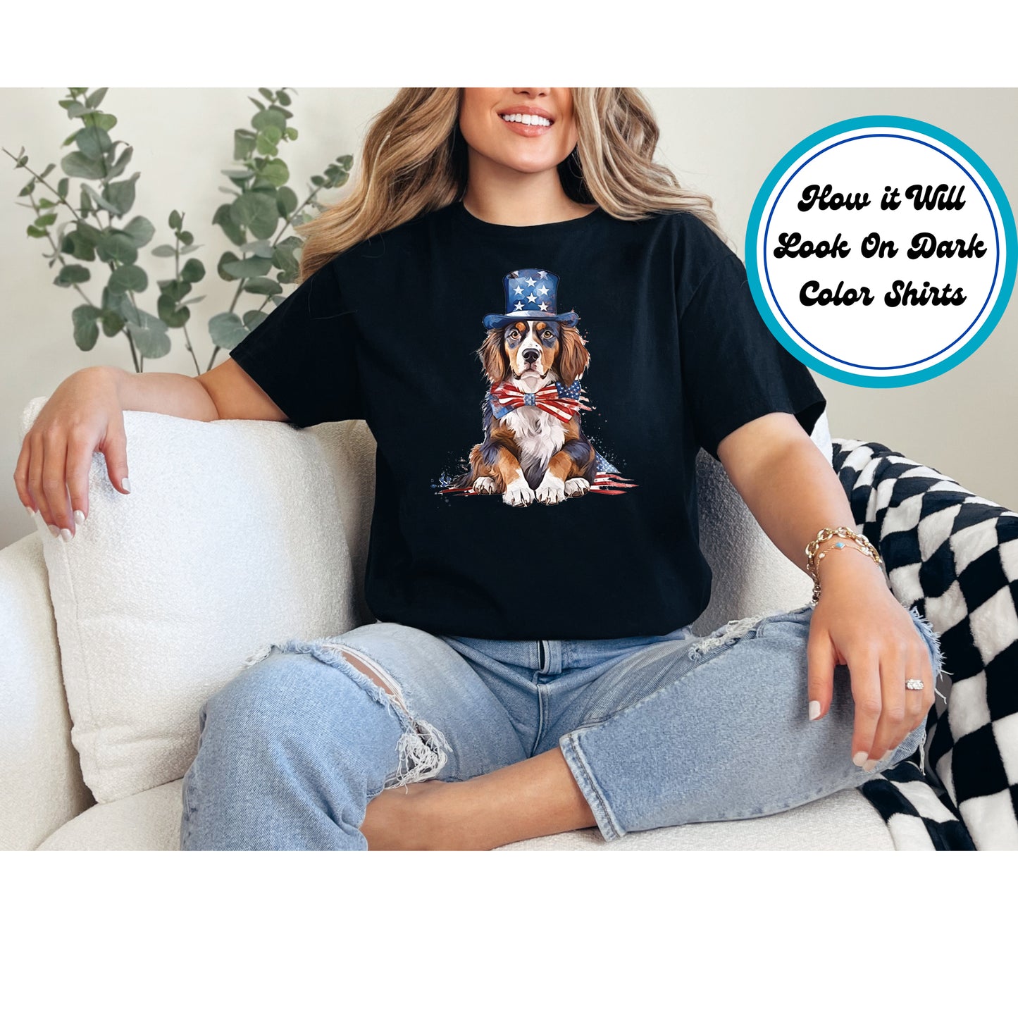 4th Of July DTF Transfer Iron On Heat Transfer - Ready to Press, Patriotic Dog in Bow Tie and Hat DTF Transfer 7776