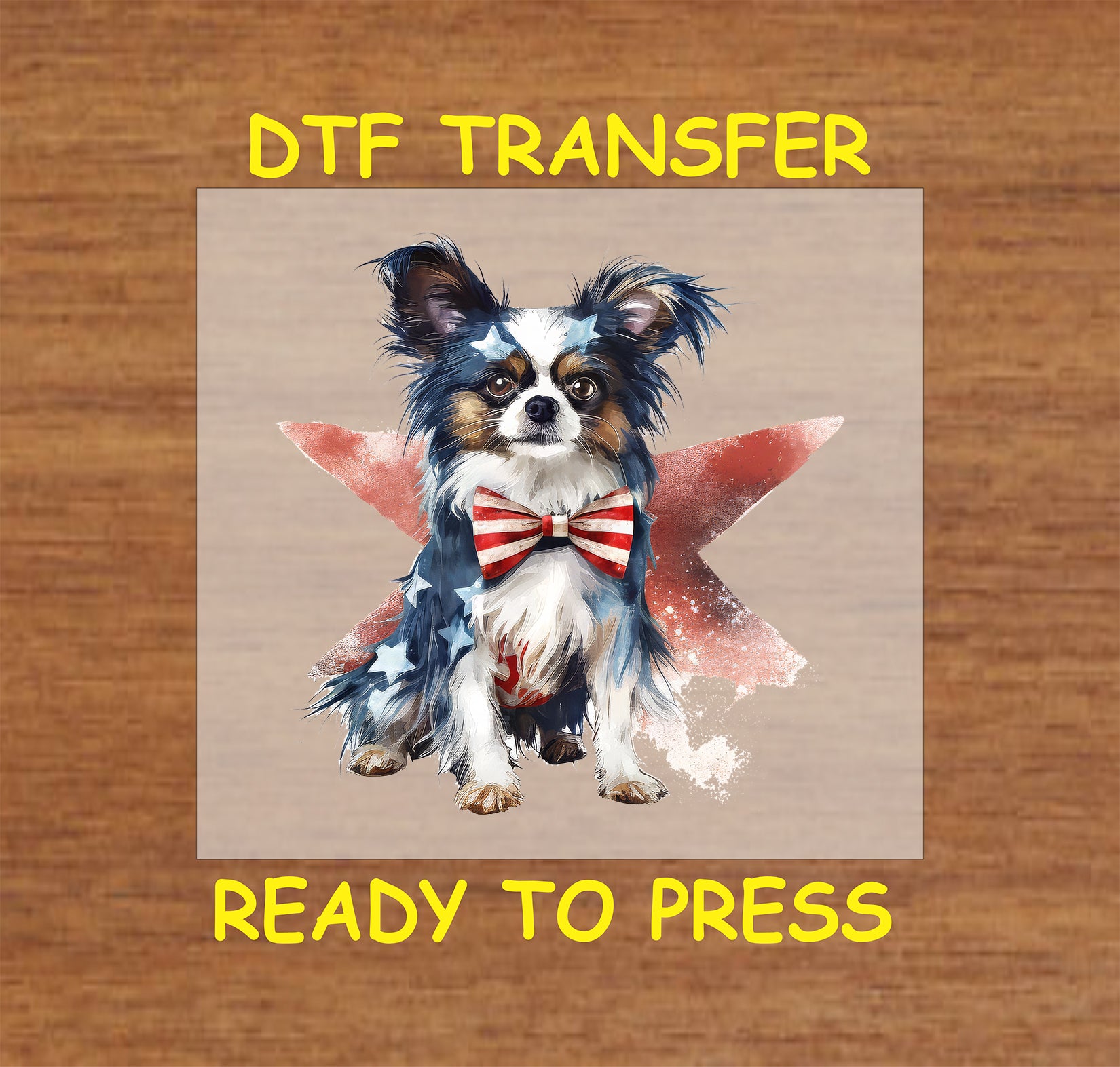 DTF transfer of a dog in patriotic bow tie and stars with red star background.