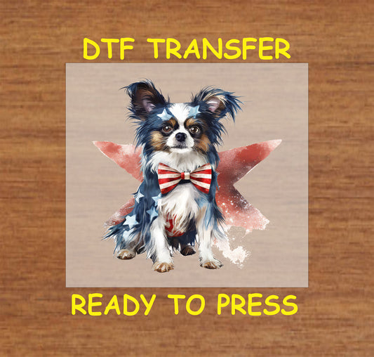 DTF transfer of a dog in patriotic bow tie and stars with red star background.