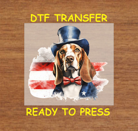 DTF transfer of basset hound in top hat and bow tie with American flag background.