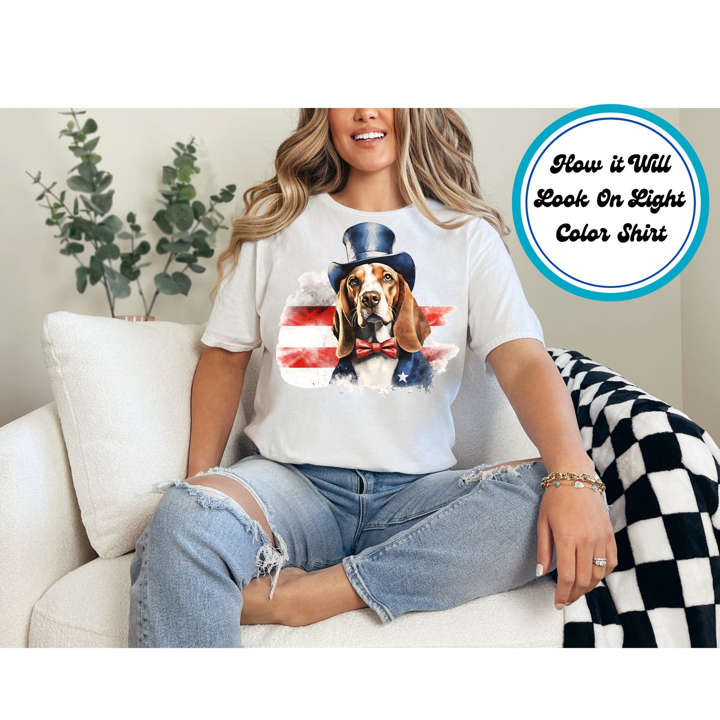 4th Of July DTF Transfer Iron On Heat Transfer - Ready to Press, Patriotic Basset Hound DTF Transfer 7781