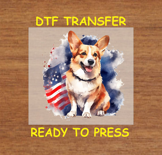 DTF transfer of corgi dog with watercolor American flag background.