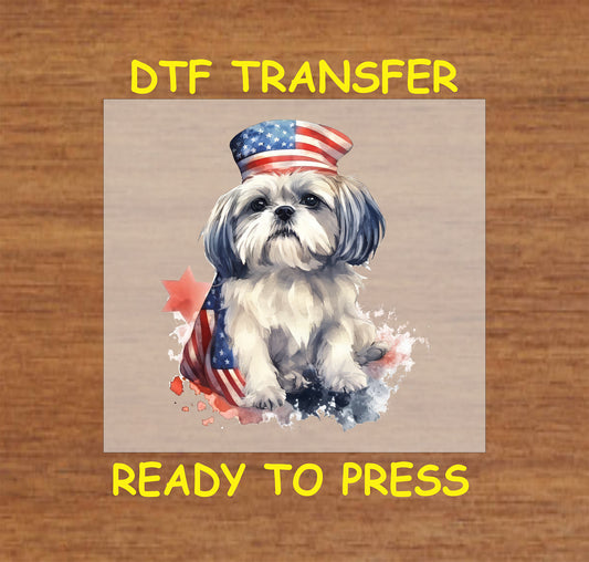 Shih Tzu wearing patriotic hat and American flag scarf DTF transfer.