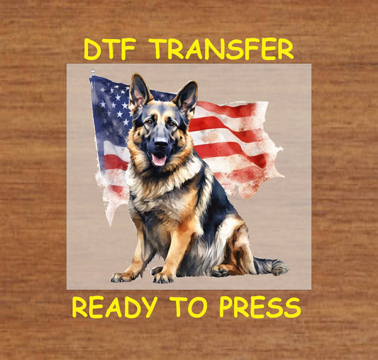 German Shepherd dog with American flag DTF transfer.