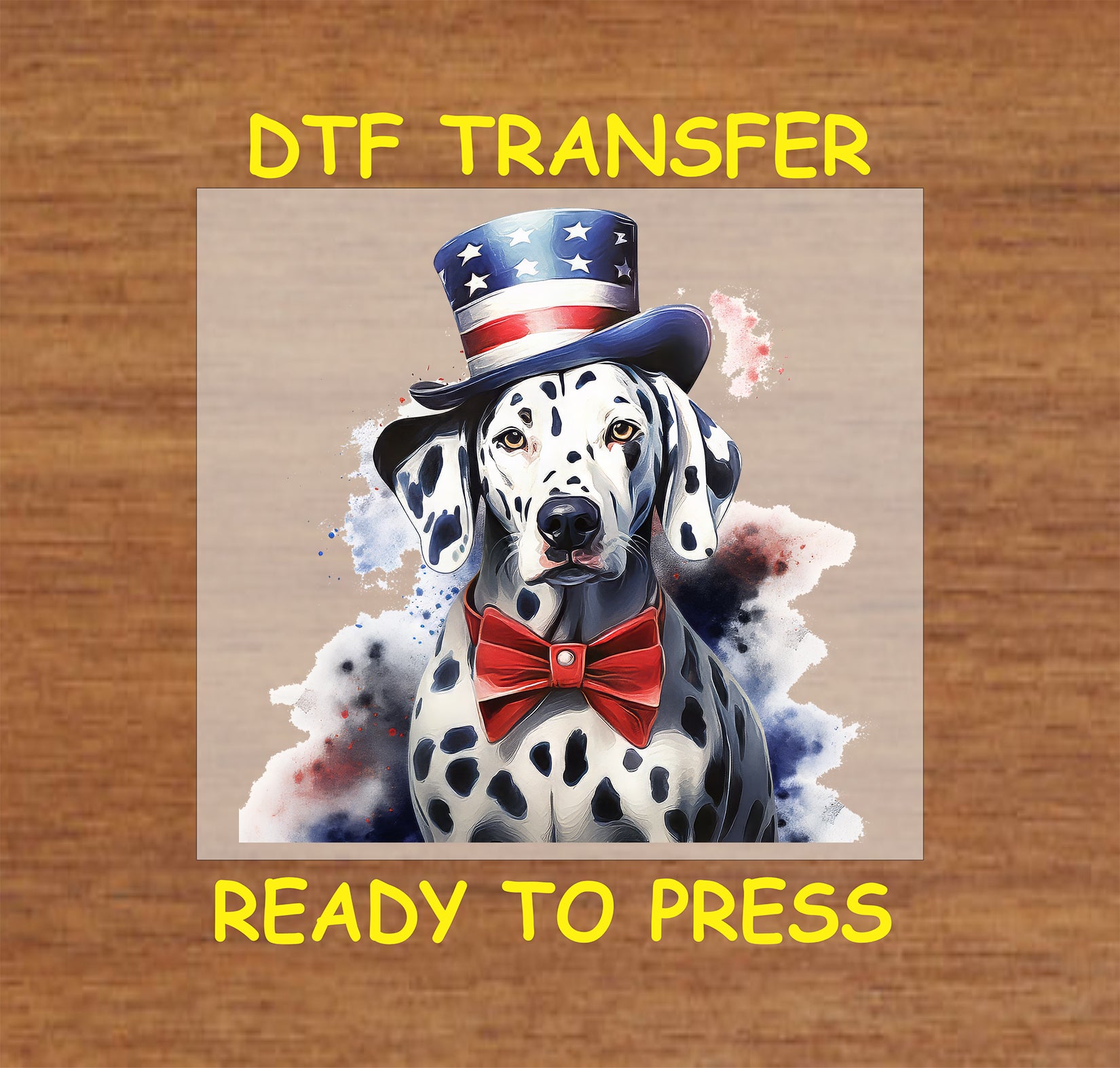 Dalmatian in patriotic hat and red bow tie DTF transfer.