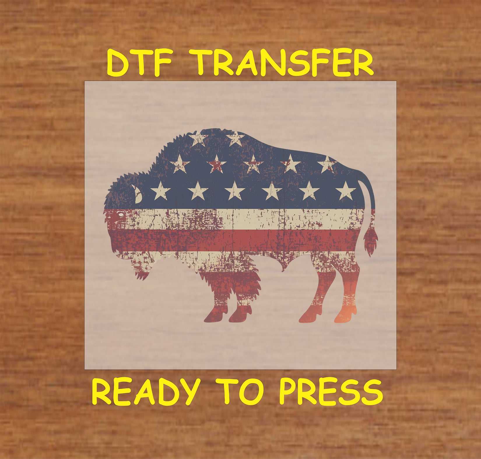 Distressed buffalo silhouette with American flag stars and stripes.