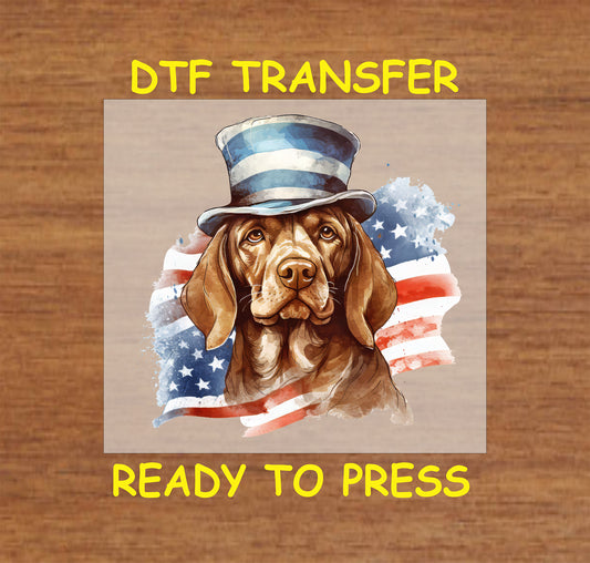 Brown dog in blue striped top hat with American flag background DTF transfer.