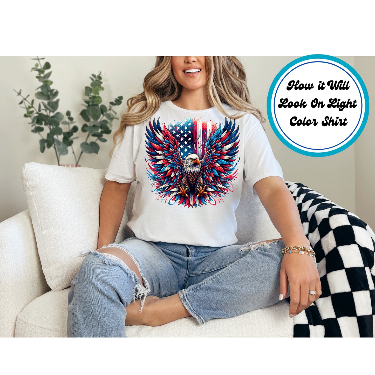 4th Of July DTF Transfer Iron On Heat Transfer - Ready to Press, Patriotic Eagle with Flag Wings DTF Transfer 7826