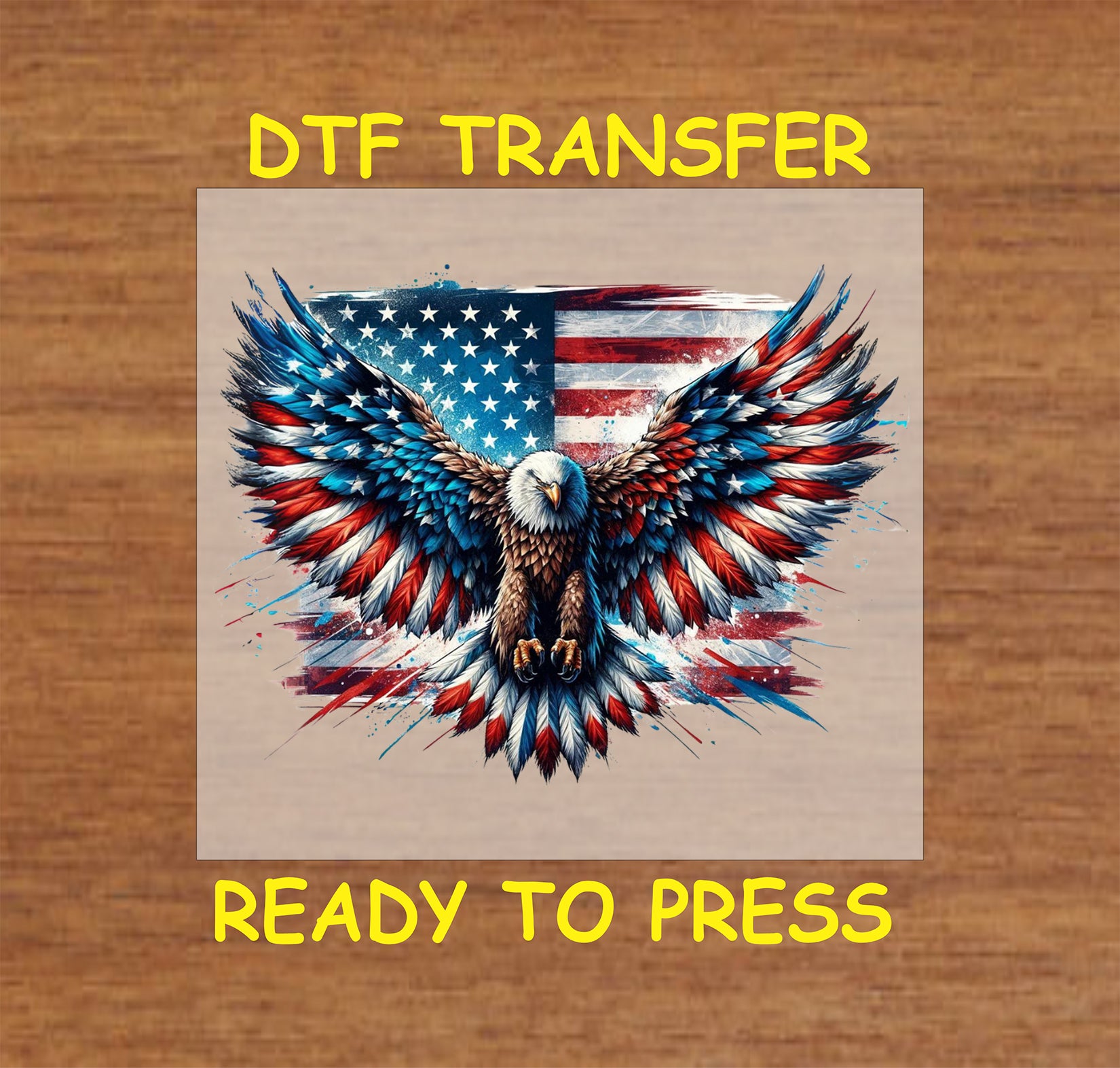 Bald eagle with outstretched wings over distressed American flag in red, white, and blue.