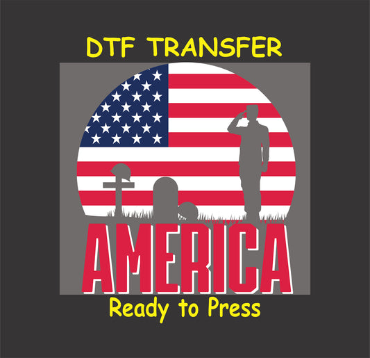 Silhouette of soldier saluting with graves and American flag background.