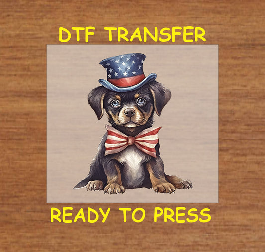 4th Of July DTF Transfer Iron On Heat Transfer - Ready to Press, Patriotic Puppy in Stars Hat DTF Transfer 7852
