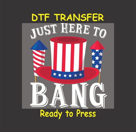 Patriotic top hat with fireworks and text Just Here to Bang.