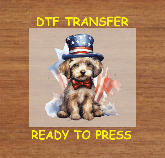 Cute puppy with American flag top hat and bow tie on patriotic background.