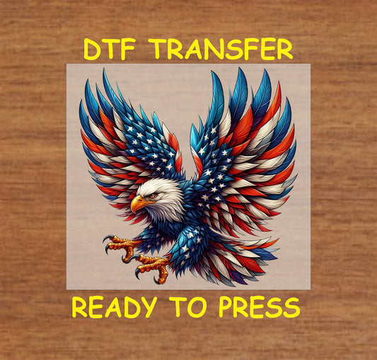 Flying eagle with outstretched red, white, and blue wings styled like the American flag.