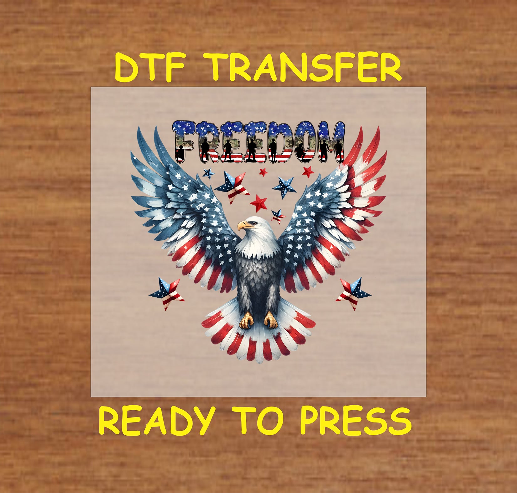 Freedom eagle DTF transfer with American flag wings and red white blue stars.