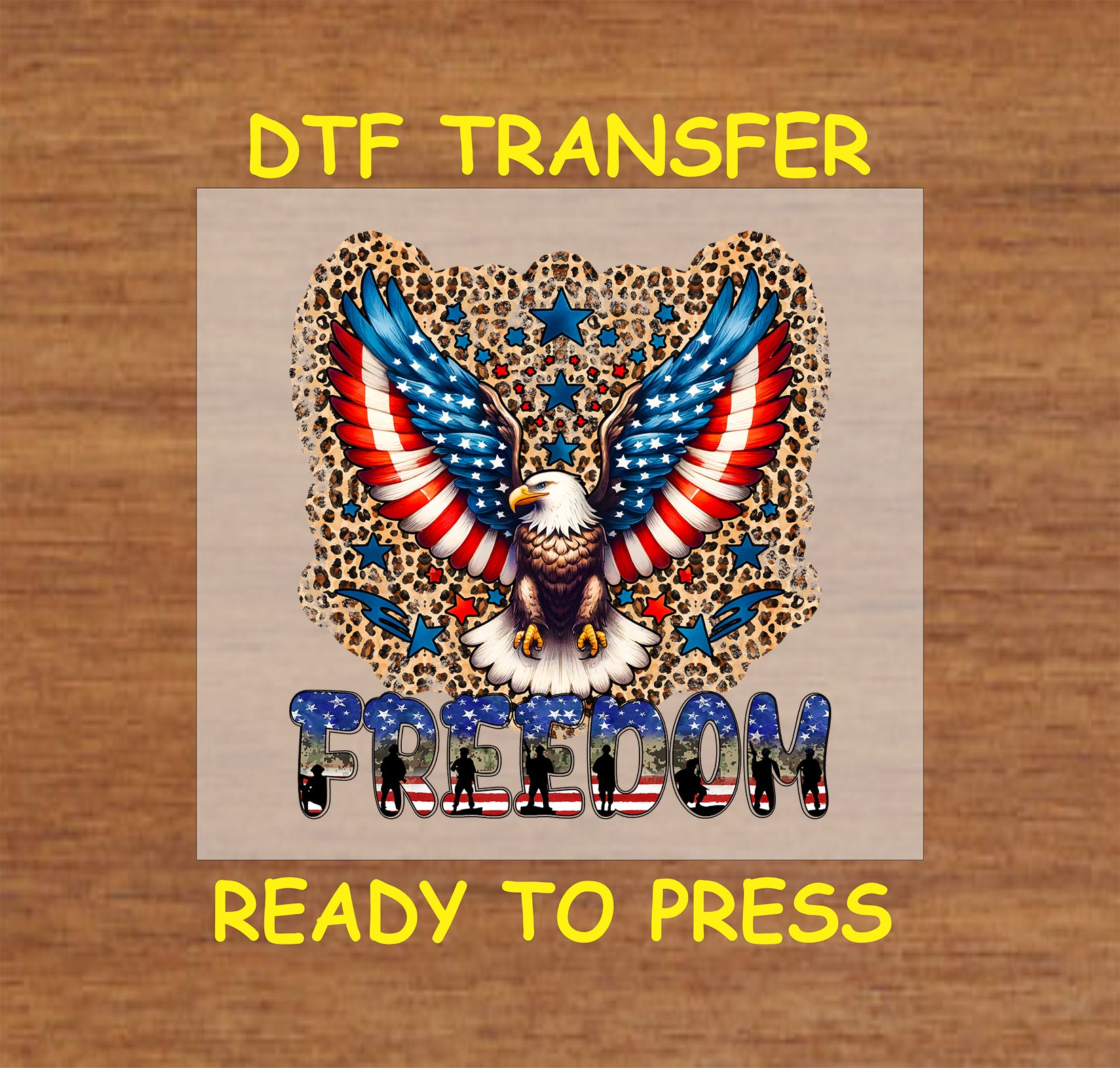 Freedom eagle DTF transfer with flag wings, leopard print background, and patriotic stars.