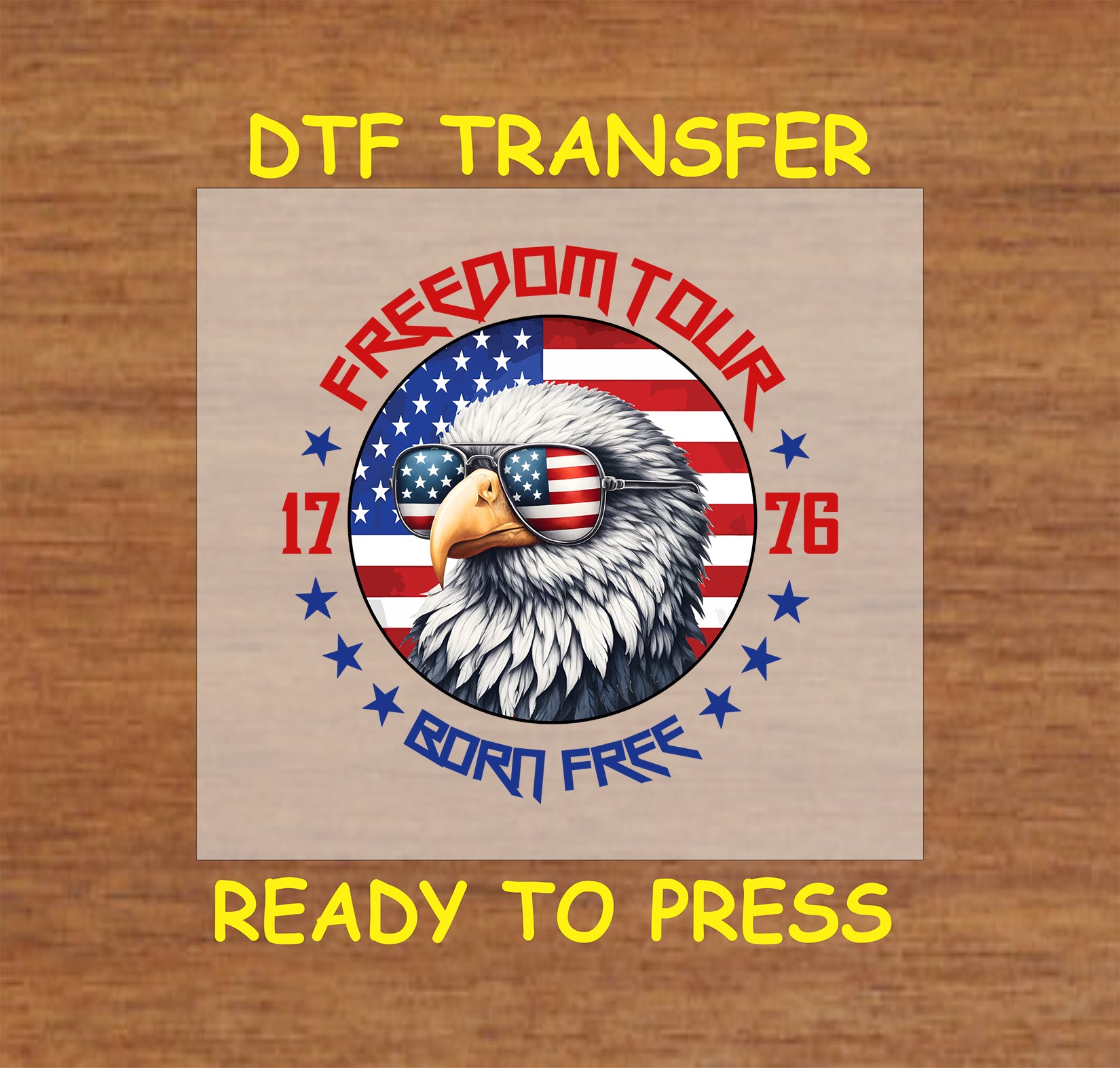 Eagle with USA sunglasses and Freedom Tour 1776 text on American flag background.