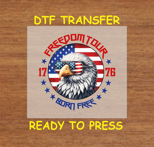 Eagle with USA sunglasses and Freedom Tour 1776 text on American flag background.