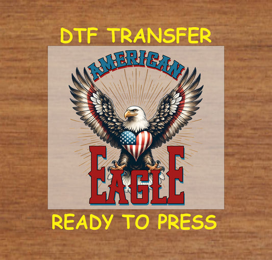 American Eagle DTF transfer with heart-shaped shield and patriotic wings.