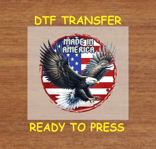 Flying eagle with Made in America text over distressed American flag circle.