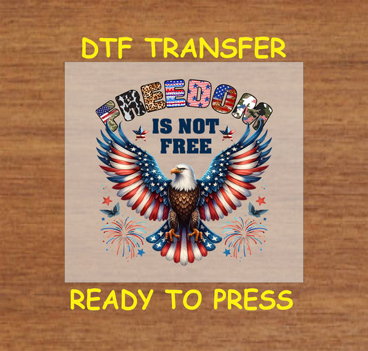 Eagle with flag wings, fireworks, and Freedom Is Not Free mixed-print text.