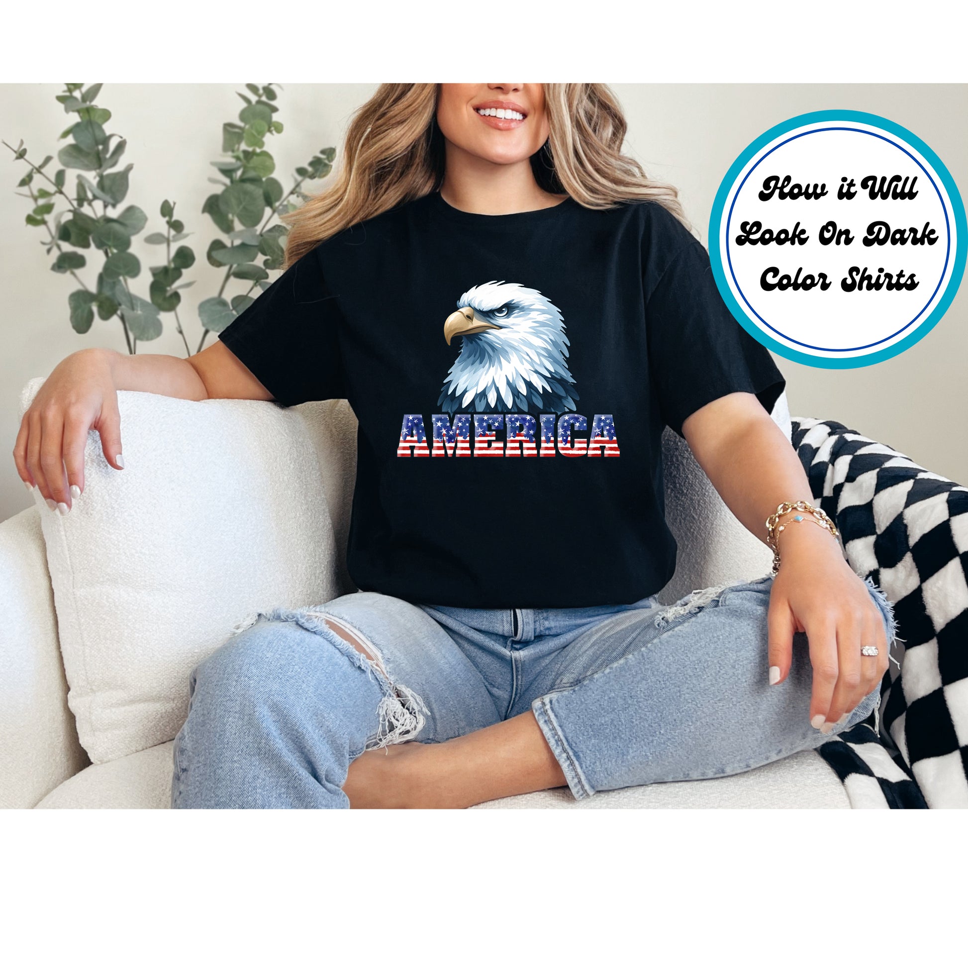 Bald eagle with America flag text on black shirt mockup.