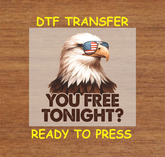 Bald eagle with American flag sunglasses and You Free Tonight? text.