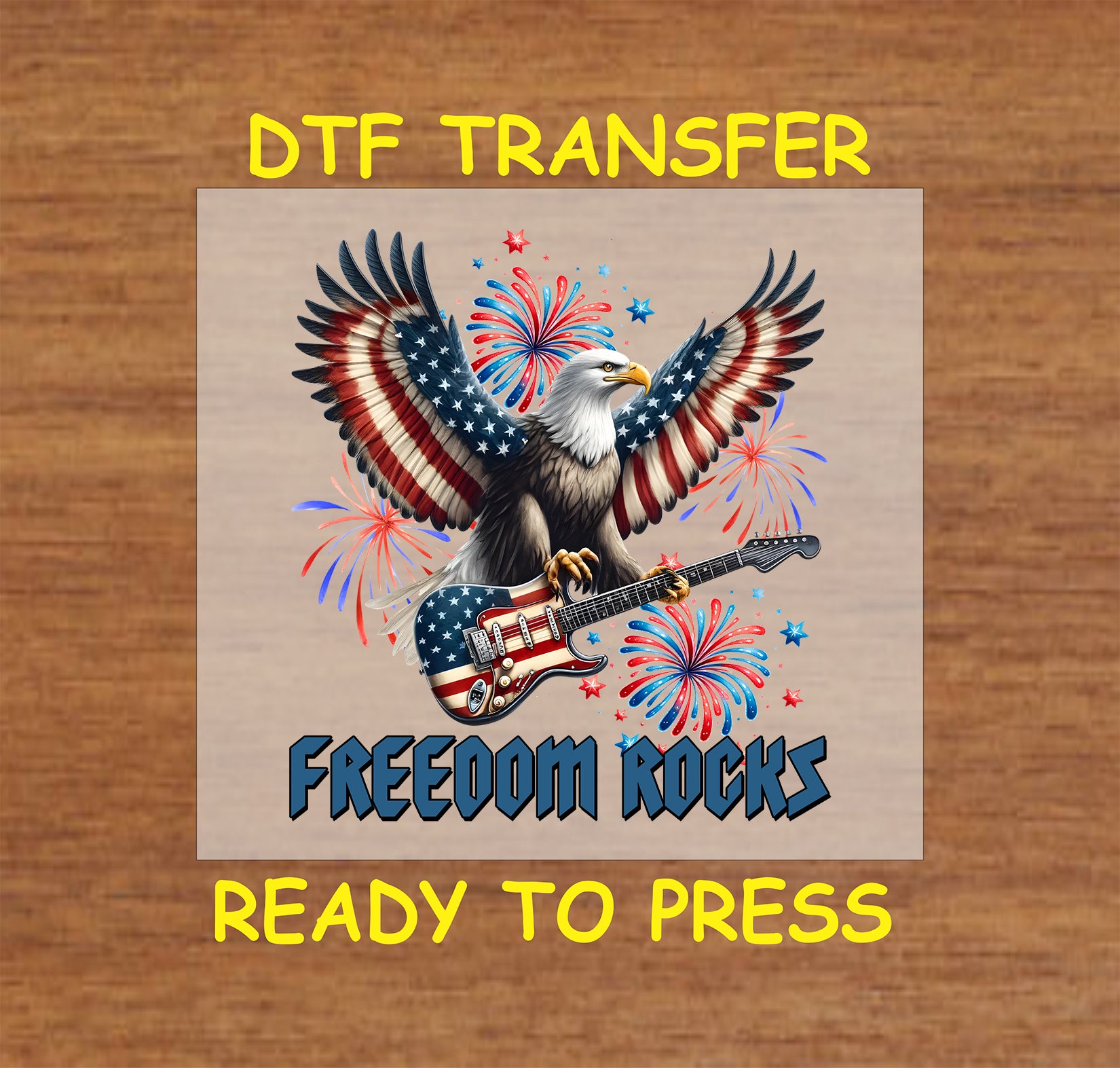 Eagle with American flag wings holding guitar and surrounded by fireworks with Freedom Rocks text.