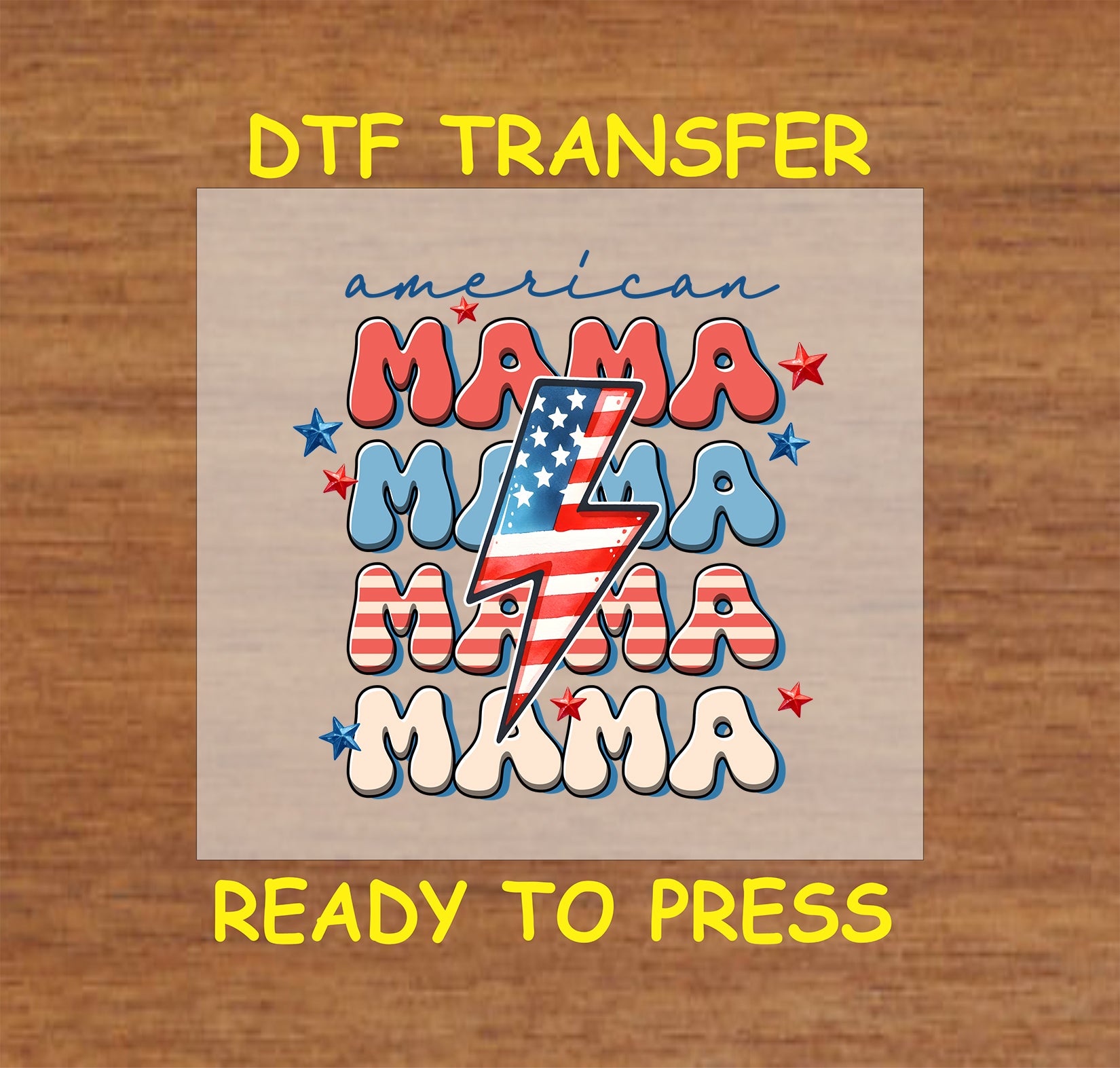 DTF transfer with repeated Mama text in red, blue, and cream with USA lightning bolt.