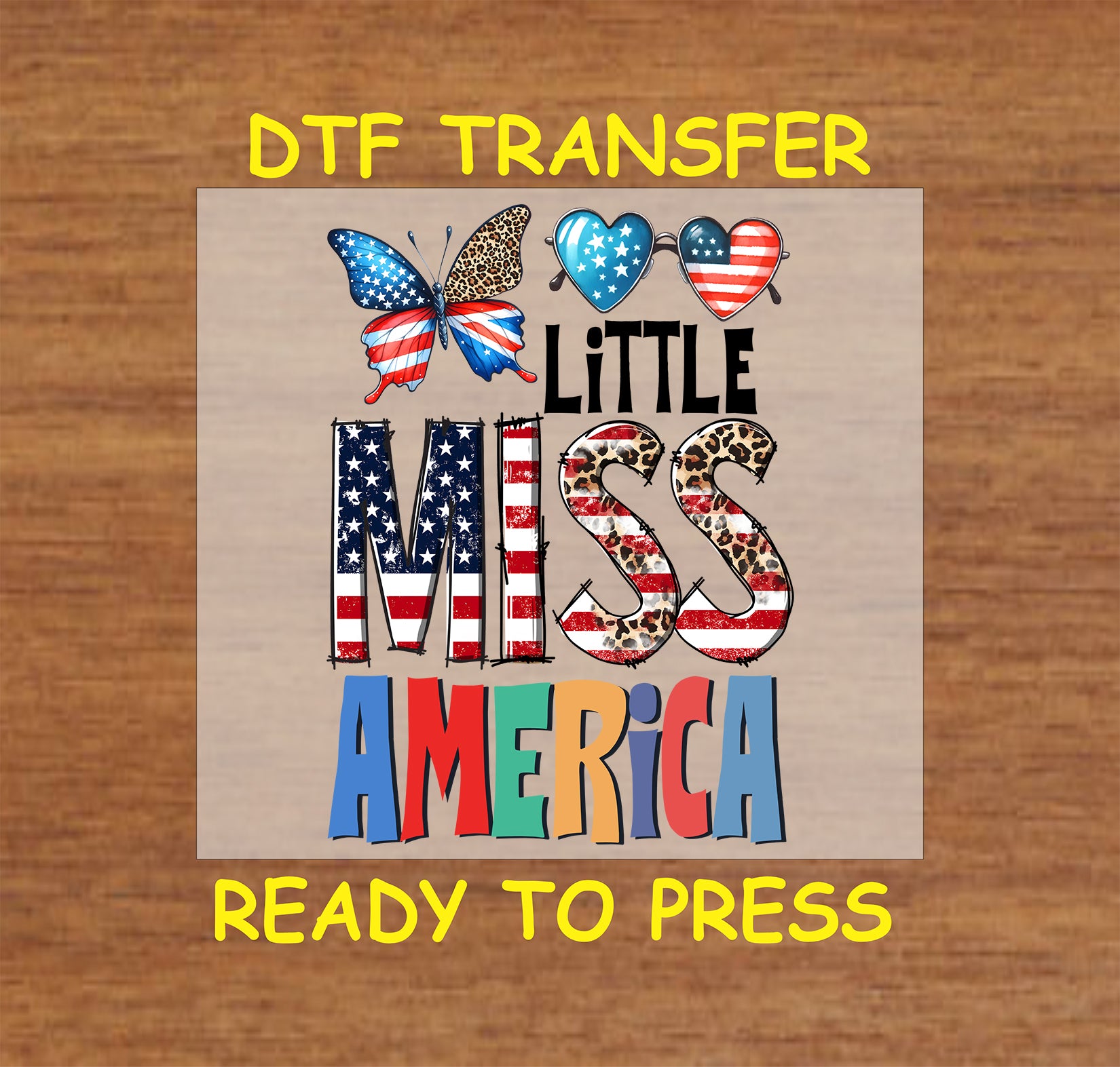 DTF transfer with America text, flag print letters, leopard butterfly, and heart glasses.
