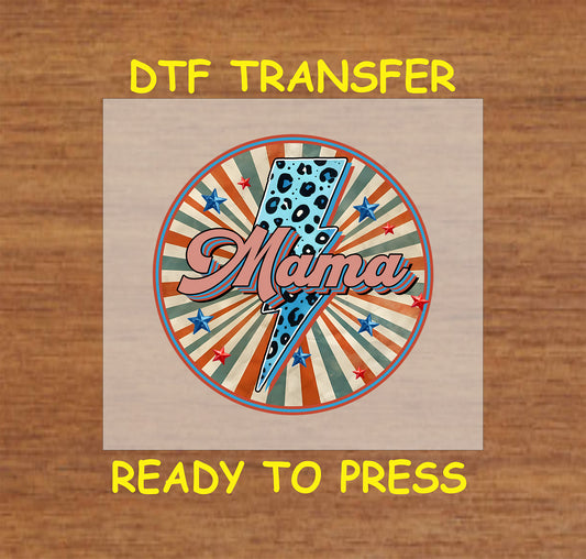 DTF transfer with retro lightning bolt, teal leopard print, sunburst rays, and Mama text.