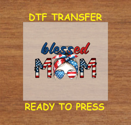 Blessed Mom DTF transfer with patriotic sunglasses and headwrap in red, white, and blue.