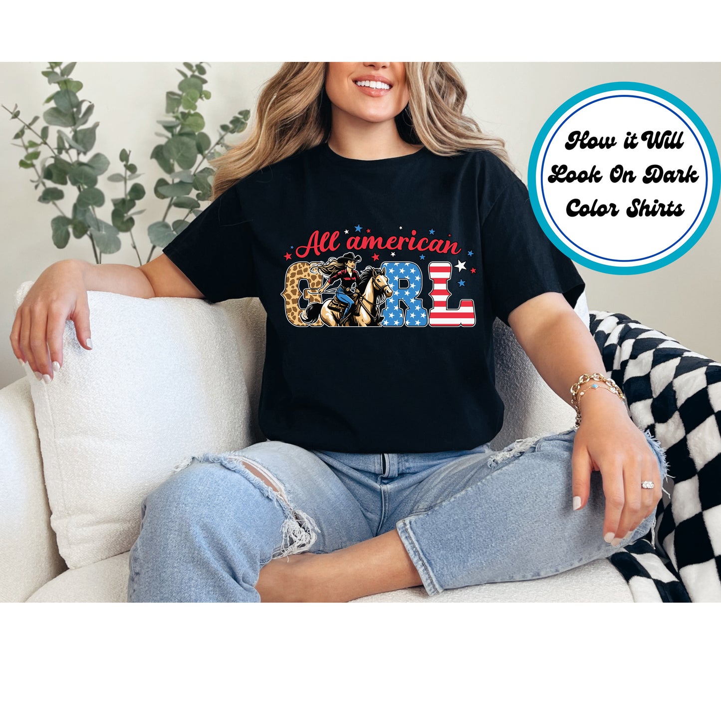 4th Of July DTF Transfer Iron On Heat Transfer - Ready to Press, All American Cowgirl DTF Transfer 7909