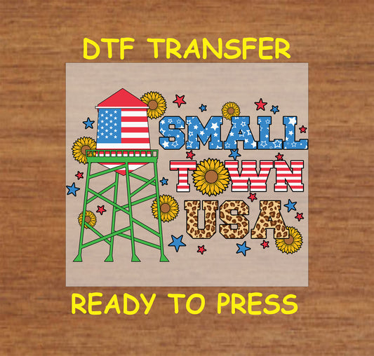 DTF transfer with American flag water tower, Small Town USA text, sunflowers, and stars.