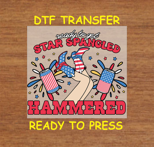 DTF transfer with patriotic heels, beer cans, and Star Spangled Hammered phrase.