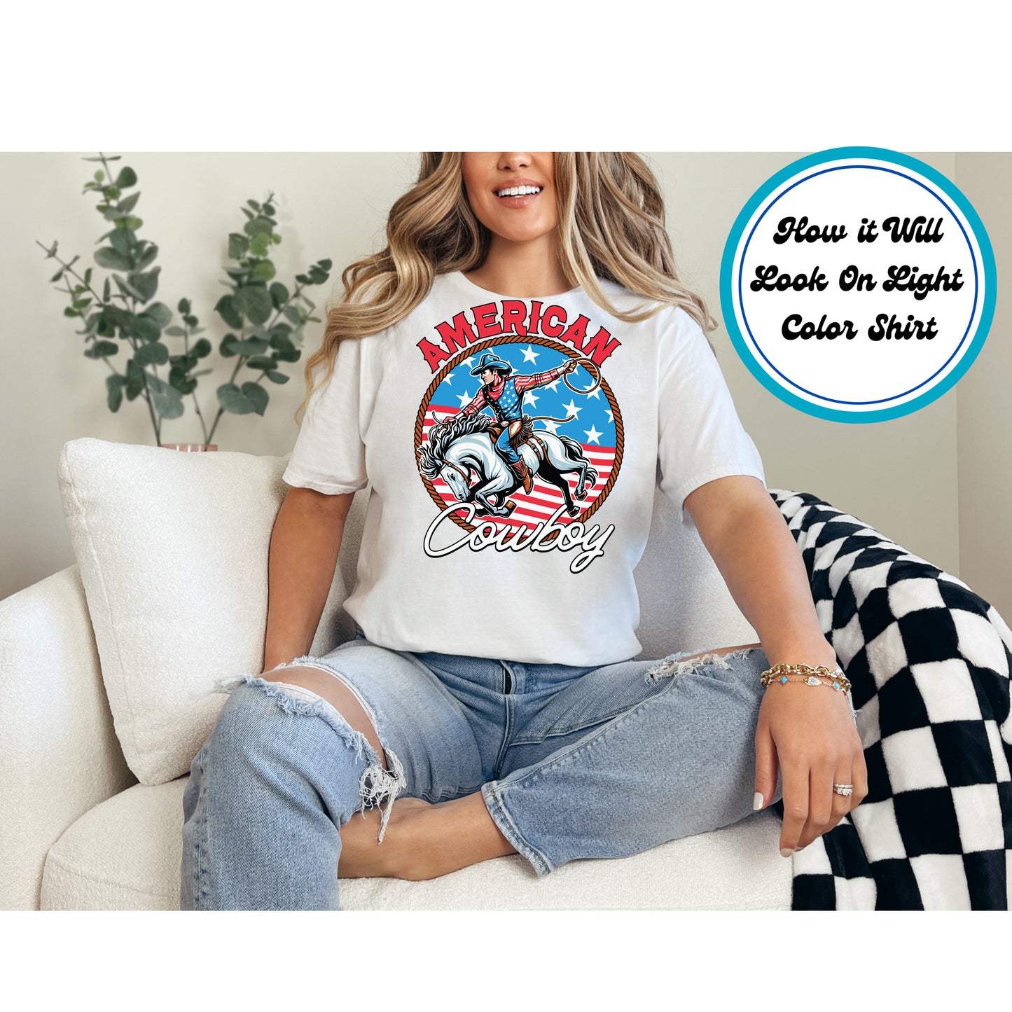 4th Of July DTF Transfer Iron On Heat Transfer - Ready to Press, American Cowboy DTF Transfer 7929