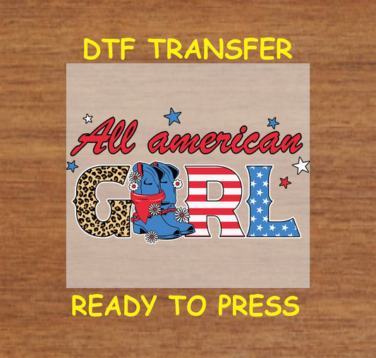 All American Girl DTF with leopard G, cowgirl boots, and patriotic letters.