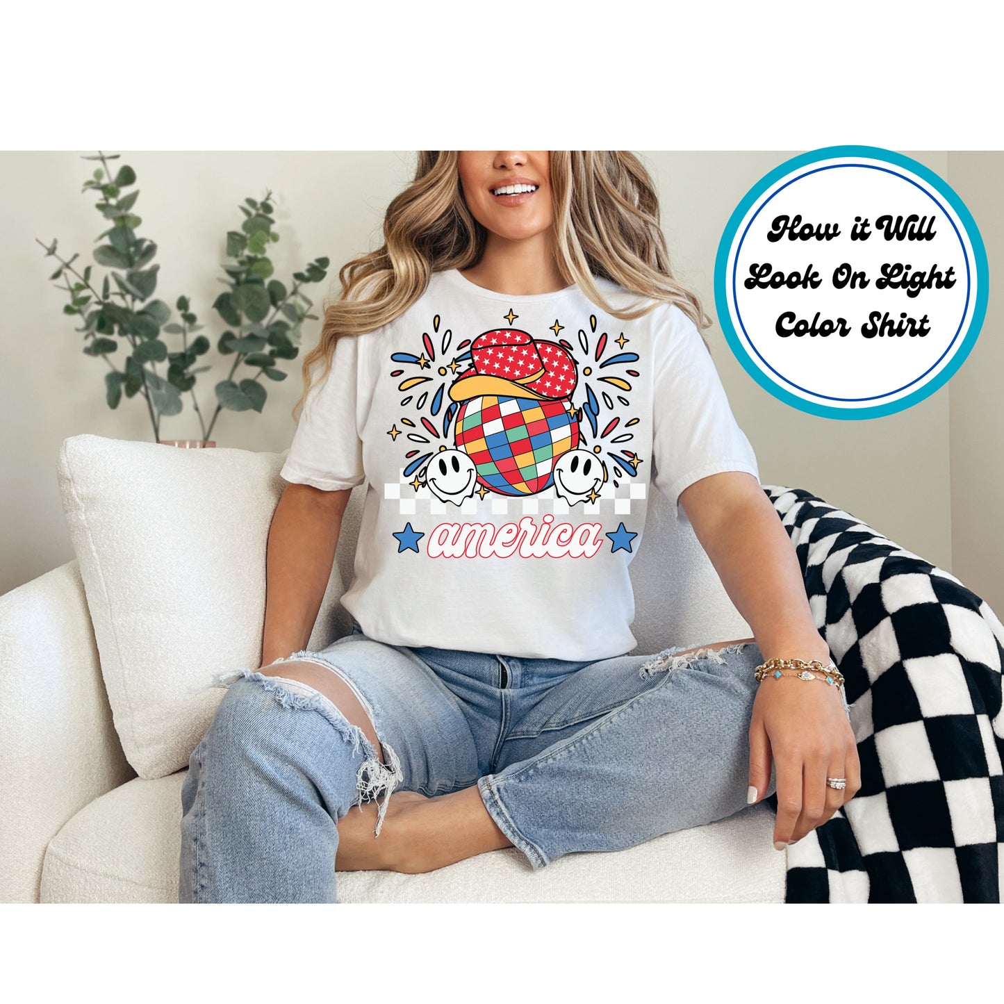 4th Of July DTF Transfer Iron On Heat Transfer - Ready to Press, Retro America Disco Ball DTF Transfer 7953