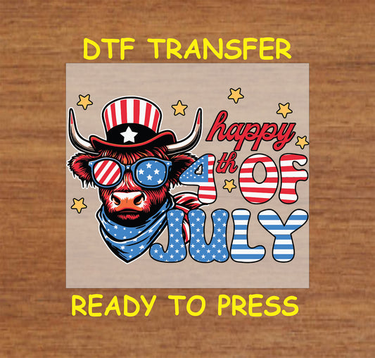 Happy 4th of July DTF transfer with patriotic Highland cow in sunglasses and stars.