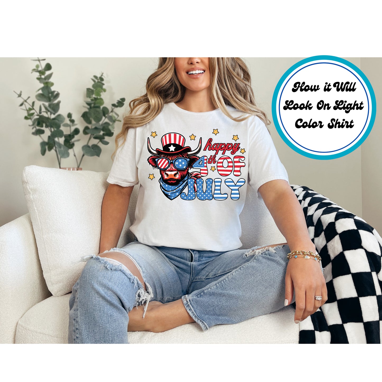 4th Of July DTF Transfer Iron On Heat Transfer - Ready to Press, Patriotic Highland Cow DTF Transfer 7958