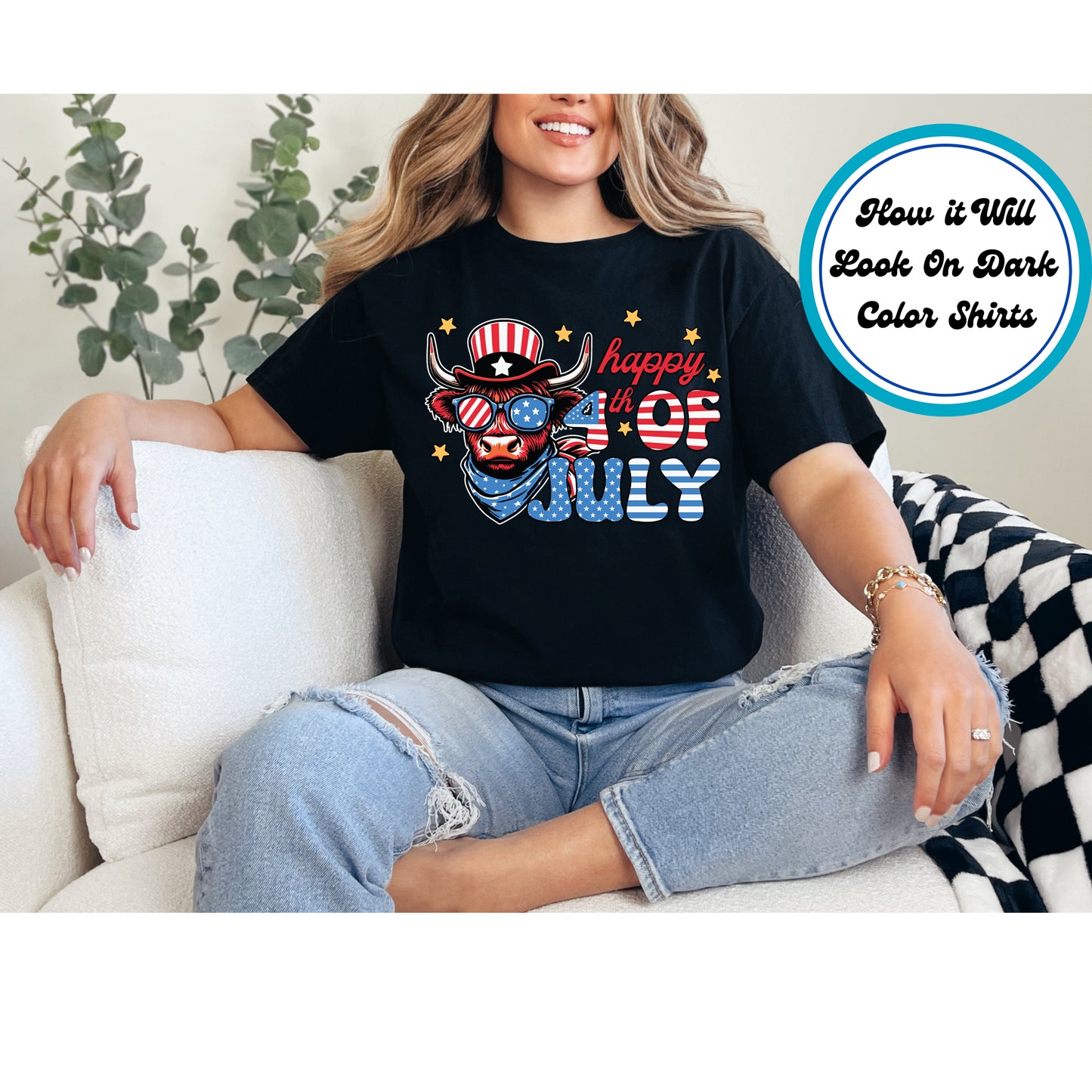 4th Of July DTF Transfer Iron On Heat Transfer - Ready to Press, Patriotic Highland Cow DTF Transfer 7958