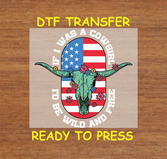 Patriotic cowgirl skull DTF transfer with flowers and American flag background.