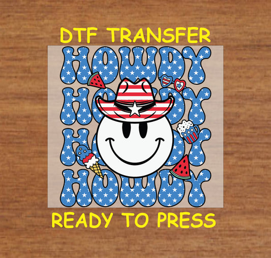 Howdy smiley face DTF transfer with patriotic cowboy hat and USA-themed treats.