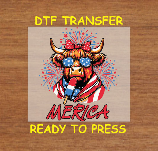 Highland cow with patriotic sunglasses and popsicle DTF transfer for 4th of July.