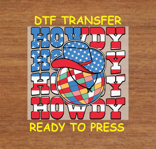 Howdy text in red, white, and blue with disco ball and patriotic cowboy hat.