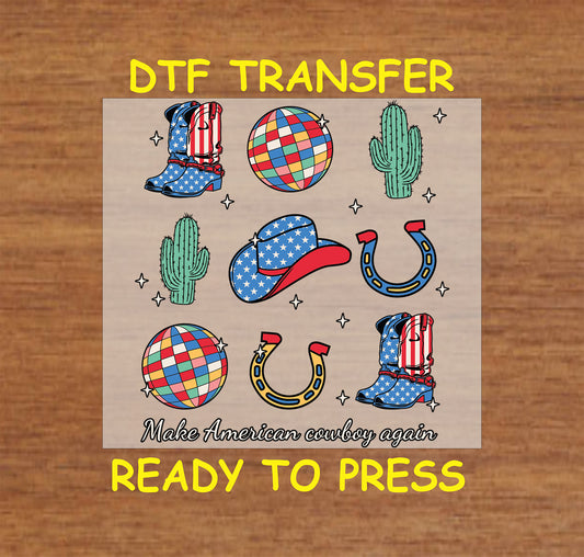 Patriotic mini DTF icons with boots, hats, disco balls, cacti, and horseshoes.
