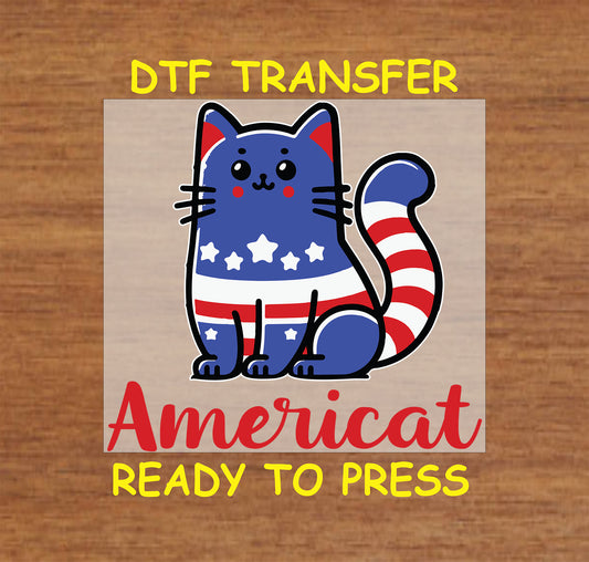 Americat patriotic cat in red, white, and blue for Fourth of July DTF transfer.